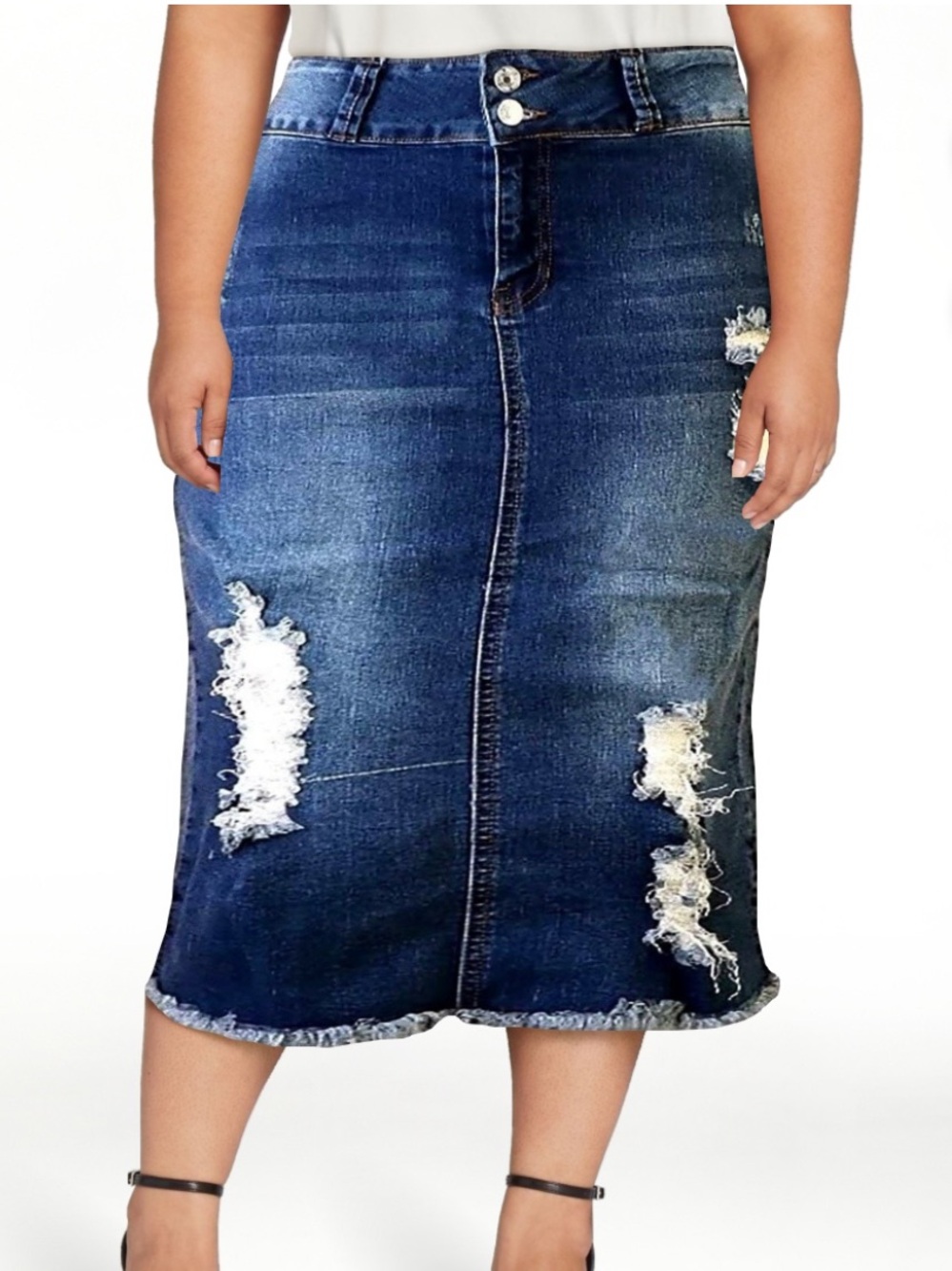 Classic Distressed Blue Denim Midi Skirt